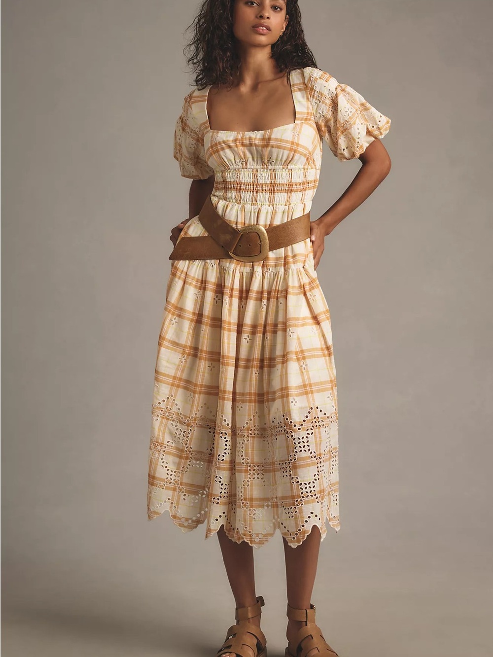 Anthropologie Yellow and White Plaid Eyelet Midi Dress NWT size M